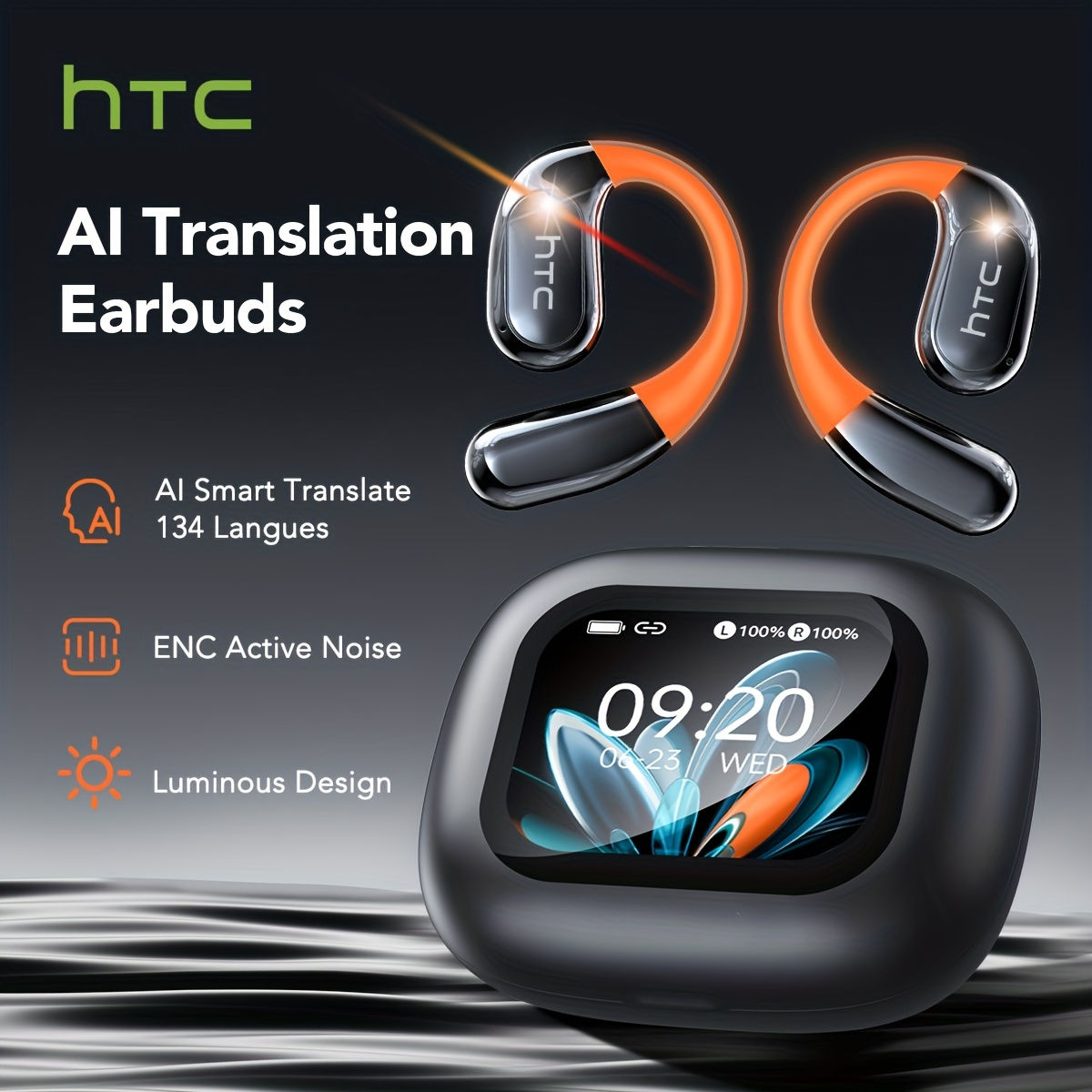 HTC NE27 Wireless Headphones Bluetooth 5.4 AI Translator Earbuds Glowing Earhook