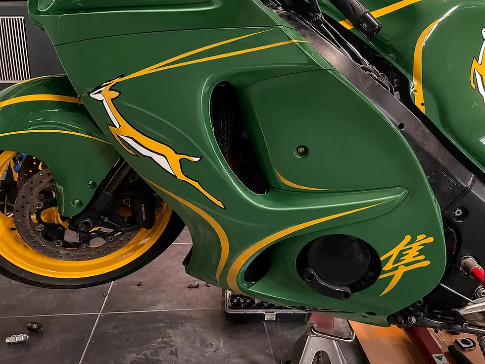 Motorcycle bodywork airbrushed in Springboks rugby team colours and emblem design