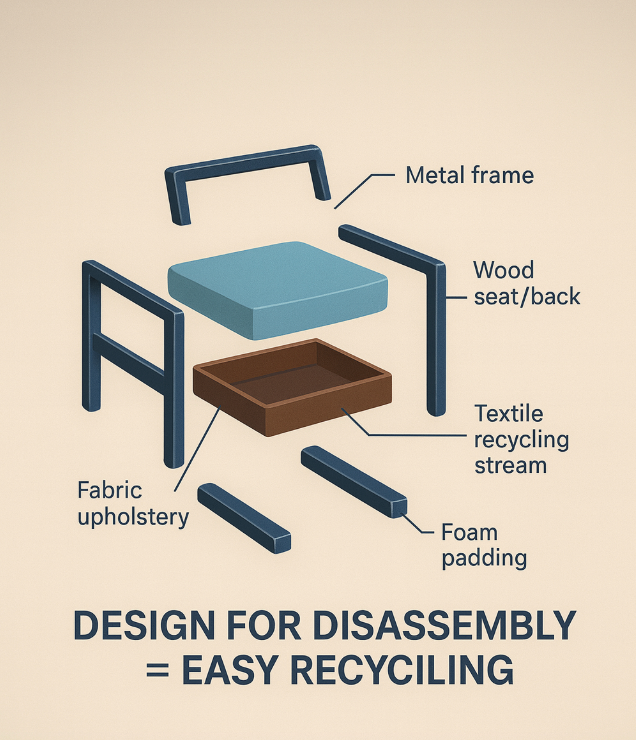 Exploded view of chair parts: metal frame, wood seat, fabric, labeled for recycling. Text reads "Design for Disassembly = Easy Recycling."