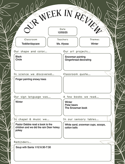 Week in Review for CCDC Toddler and Daycare Classrooms.