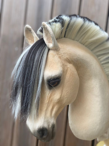Hyperrealistic handmade Fjord dressage hobby horse Sunniva with two-tone mane