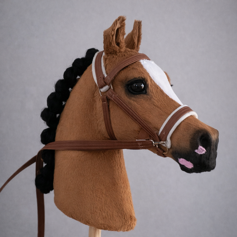 Handmade realistic bay hobby horse with blaze, black mane, and poseable ears