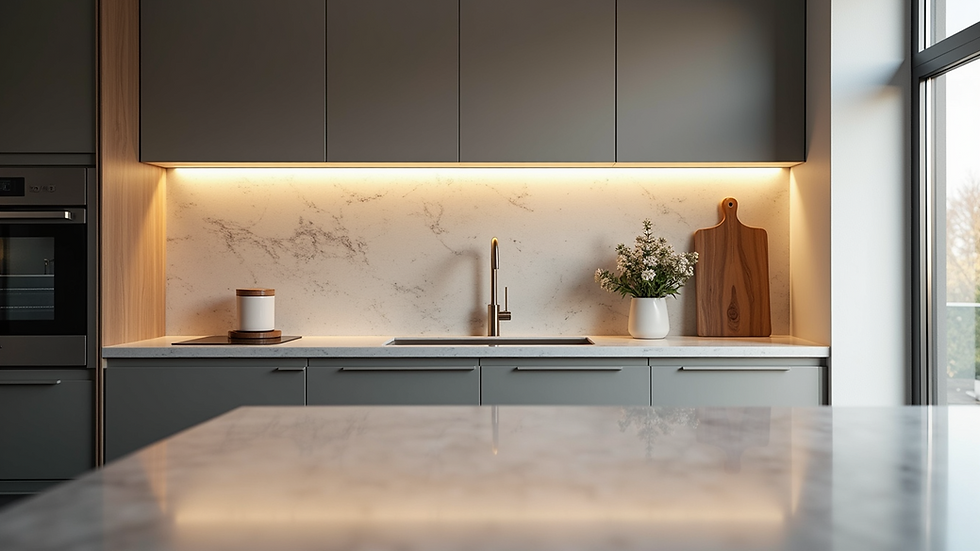 Eye-level view of a modern kitchen with sleek cabinets and a stylish backsplash