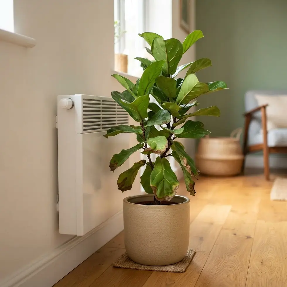 Lifestyle photography of a potted fiddle-leaf fig plant standing next to a white radiator. The plant is a focal point within a bright, modern room with wooden floors.
