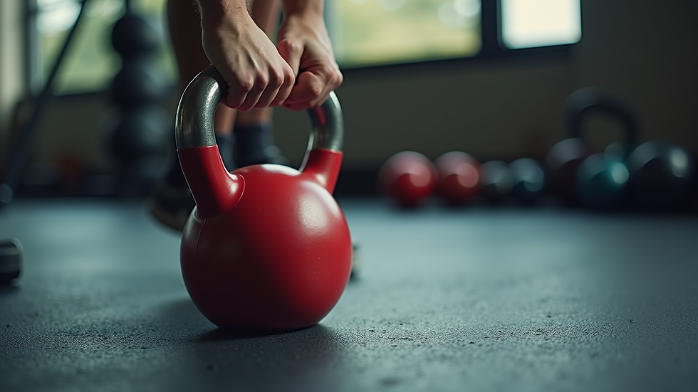 Close-up view of a kettlebell swing in motion on a gym floor