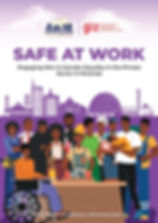 Poster reading SAFE AT WORK shows diverse Rwandan workers, including a wheelchair user and father with baby, before a city skyline.