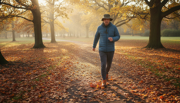 Wide-angle view of a person walking on a leaf-covered trail with a hat and light jacket.