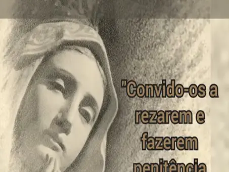 Imagem em tons de cinza de Nossa Senhora, com uma mensagem escrita em português: "Convido-os a rezarem e fazerem penitência pelos doentes. Sou sua Mãe". A mensagem indica que foi deixada ao irmão Eduardo Ferreira em São José dos Pinhais, Paraná, no dia 30 de maio de 2025.