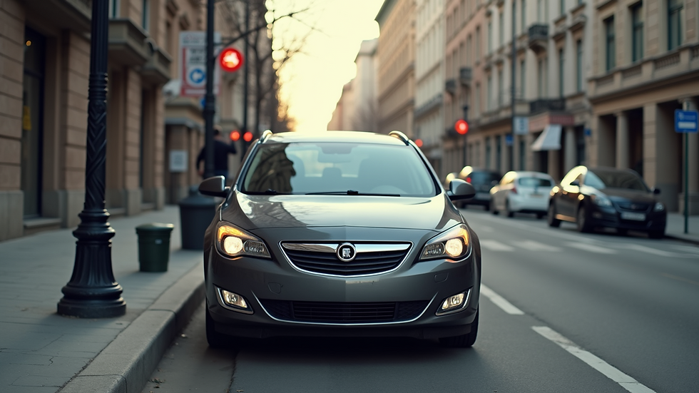 Eye-level view of a rental car parked on a city street