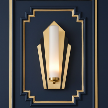 Art Deco gold wall light on a deep navy wall