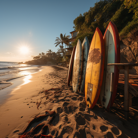 Golden hour on the beach with surfboards
