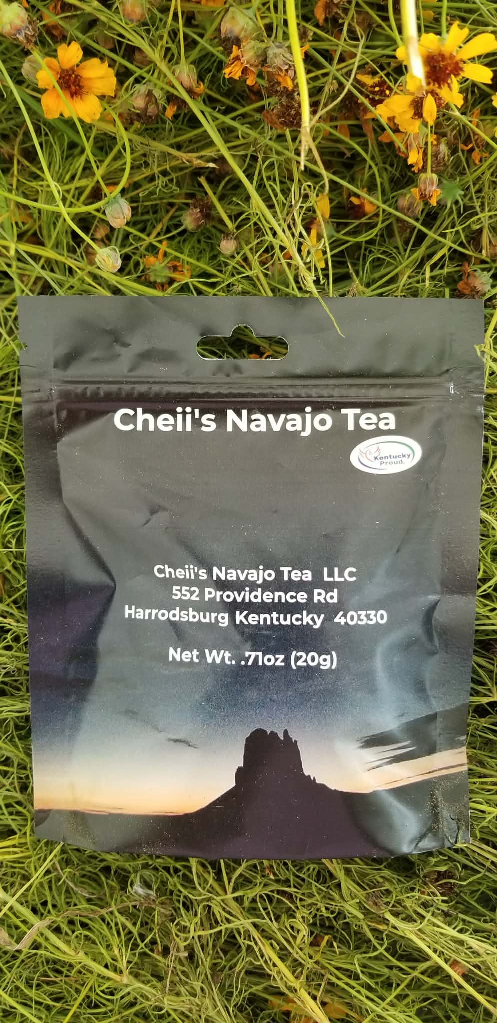 Bag of Cheii's Navajo Tea on a bed of Greenthread.