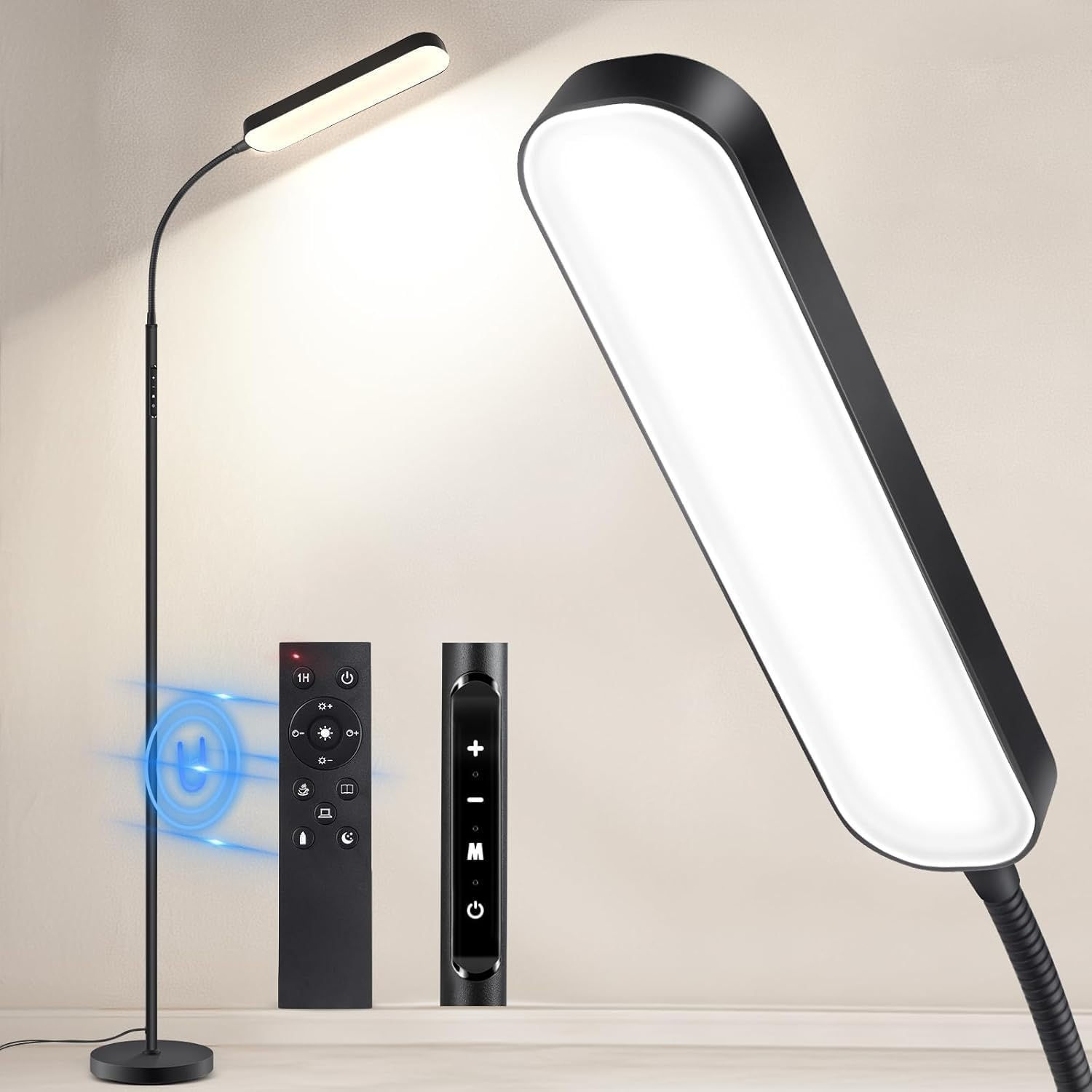 15W LED Floor Lamp Dimmable Touch Control Reading Light Black – No Remote
