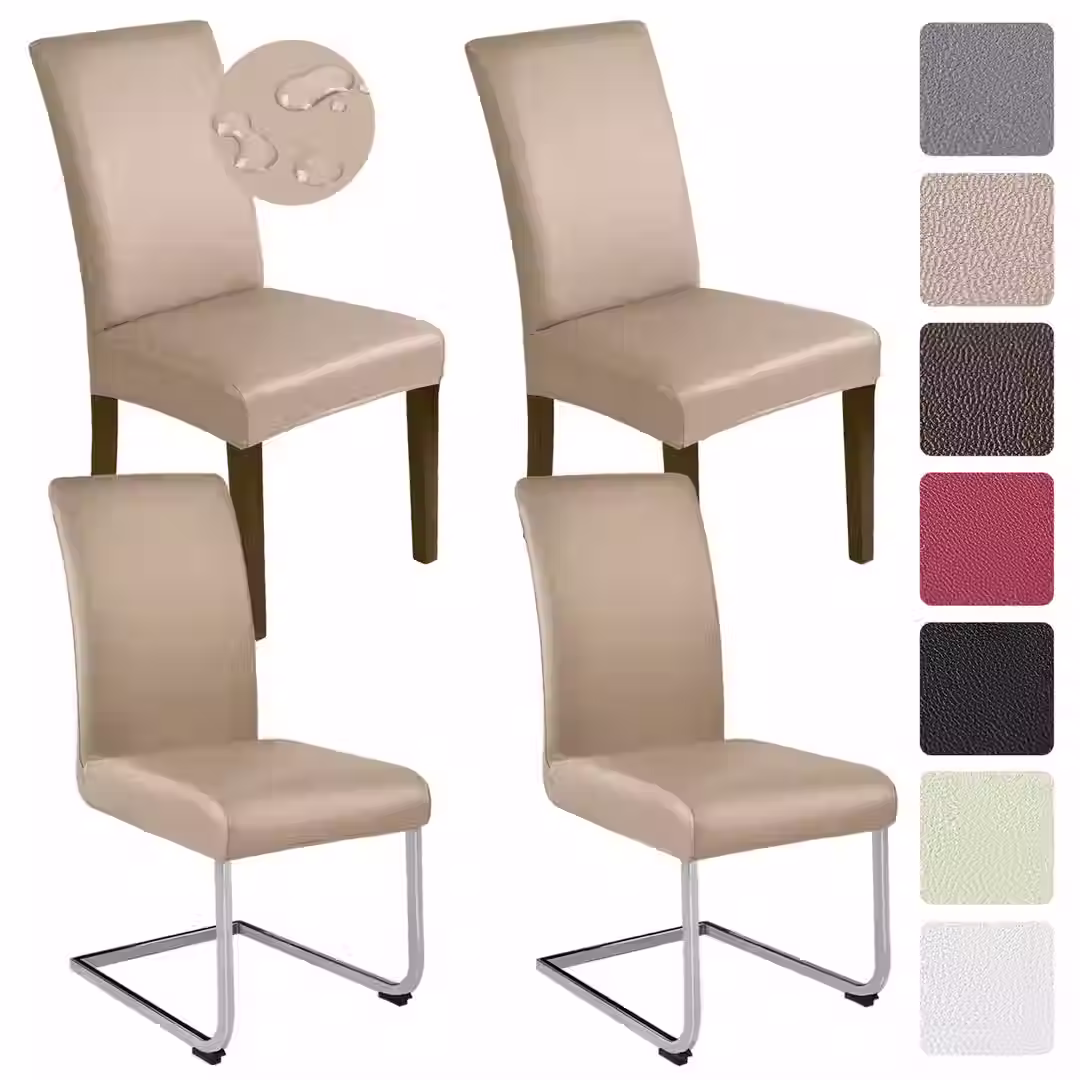 Set of 4 Khaki Pink PU Leather Stretch Dining Chair Covers Waterproof Washable