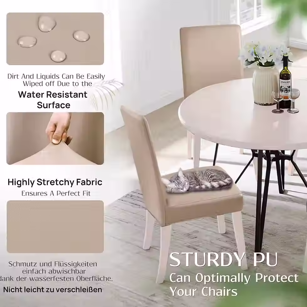 Thumbnail: Set of 4 Khaki Pink PU Leather Stretch Dining Chair Covers Waterproof Washable
