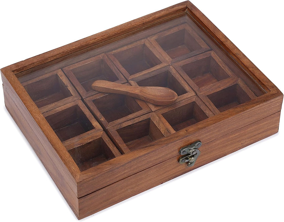 Thumbnail: Wooden Spice Box Masala Dabba 12 Compartment Storage Organiser Glass Lid