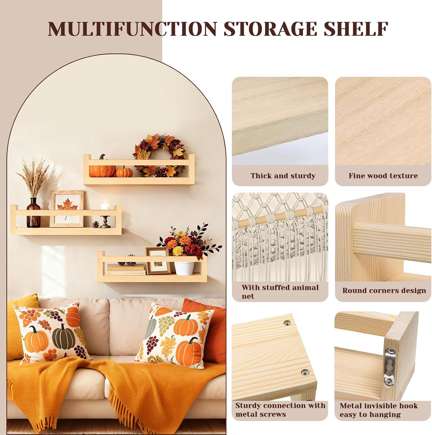 Set of 3 Wooden Floating Shelves 42cm with Toy Storage Net Nursery Kids