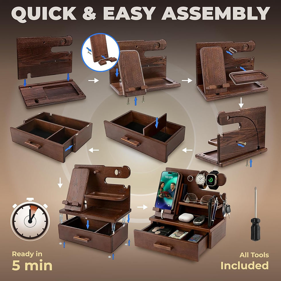 Thumbnail: Teslyar Wood Phone Docking Station Drawer Desk Organiser Gift Men Brown