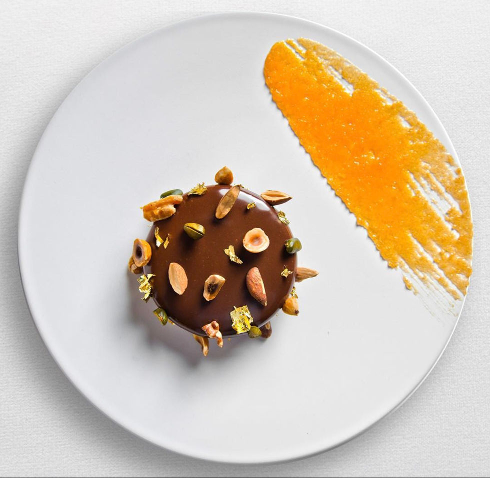 Annabel's private member's club in Mayfair, London, UK. Gianduja palet dessert chocolate. Menu
hospitality consultancy by Ryan Brown