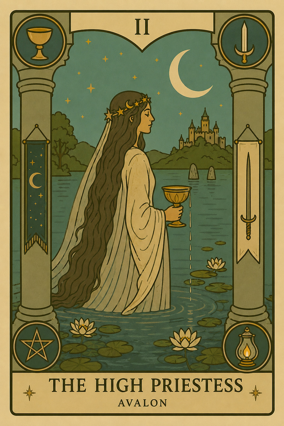 A high priestess in white holds a chalice by a lake with a moonlit sky and castle. Text: The High Priestess, Avalon. Calm, mystical setting.