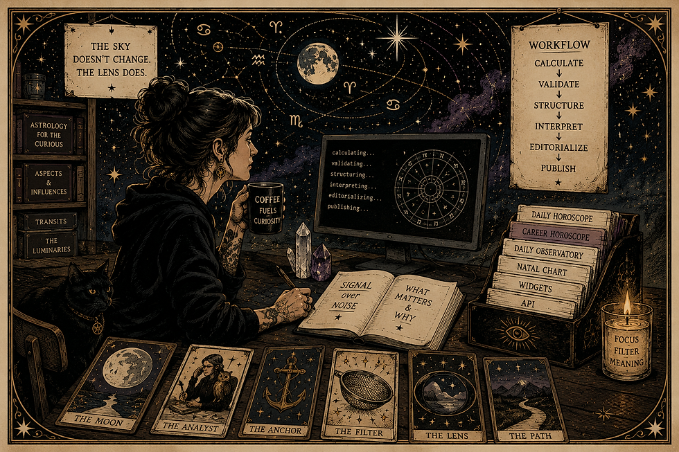 Woman at an astrology-themed desk studies a laptop and notebook, with tarot cards, a black cat, candles, and moonlit star maps.