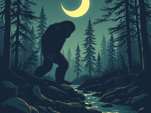 Bigfoot crossing a stream under moonlight