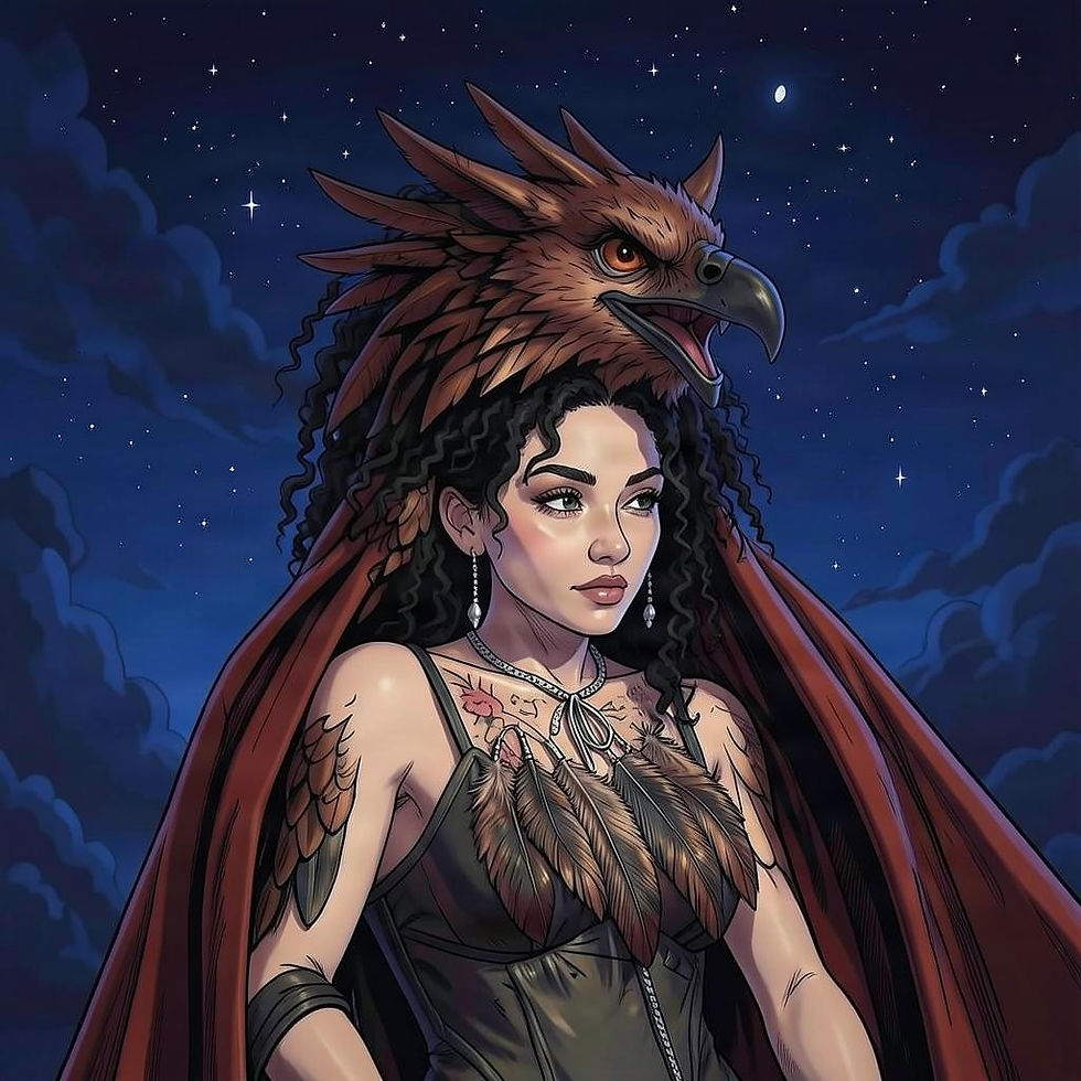 Reena The Harpy in a black dress and feathered bird headdress stands under a starry night sky, looking calm and regal.