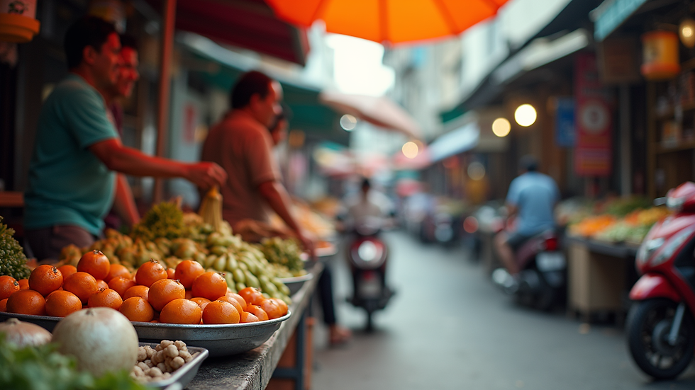 Eye-level view of a vibrant Thai street market