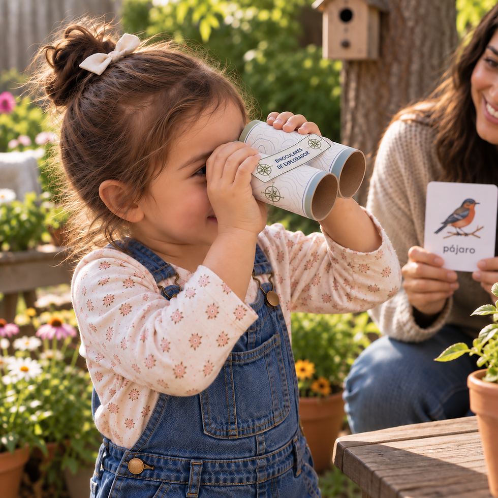 Young girl uses toy binoculars in a sunny garden while a smiling woman holds a bird card labeled pájaro and watches nearby
