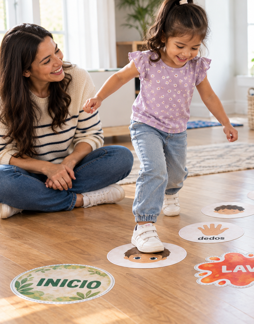 Girl playing educational floor game with mother
