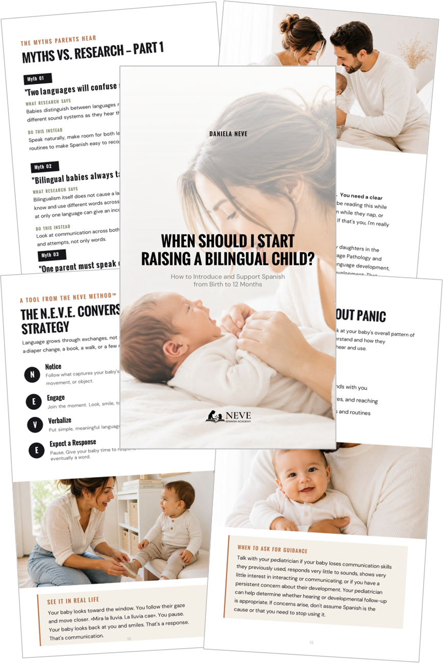 Bilingual child resource guide pages showing a mother and baby
