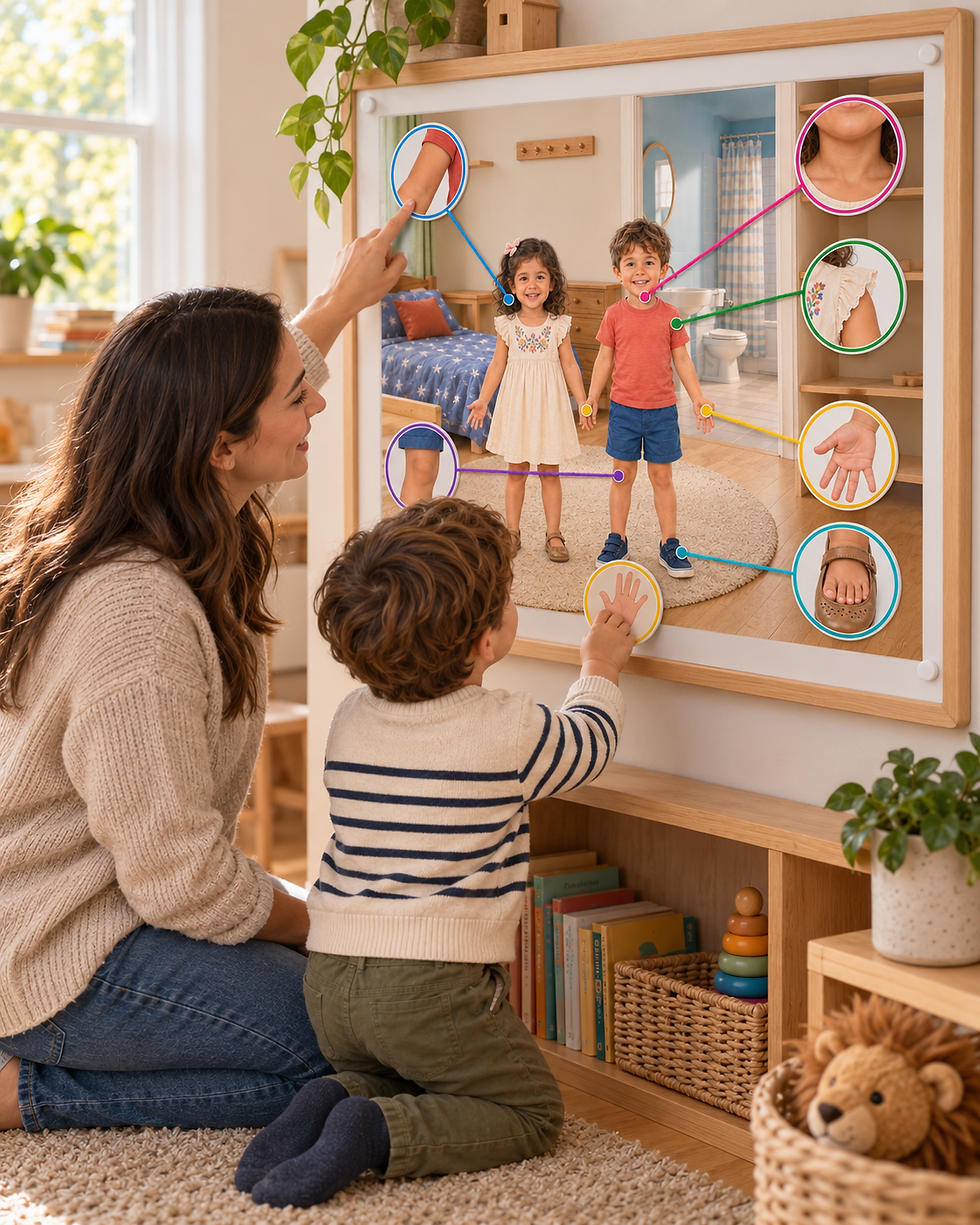 Mother and child interact with an educational body parts poster.