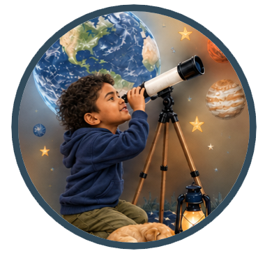 Boy using telescope in a Spanish program for kids.
