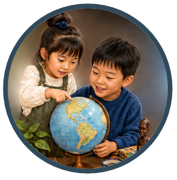 Children looking at a globe in a Spanish program for kids.