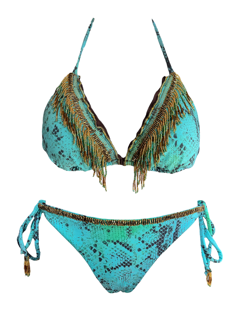 Miniatura: Green bikini with hangging gold and brown beads