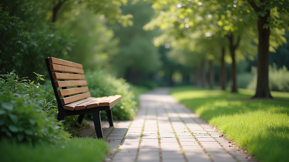 Eye-level view of a serene outdoor space with a bench and greenery