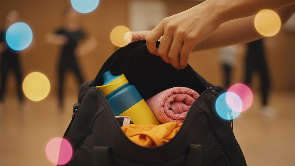 Close-up view of a dance bag with water bottle and towel inside