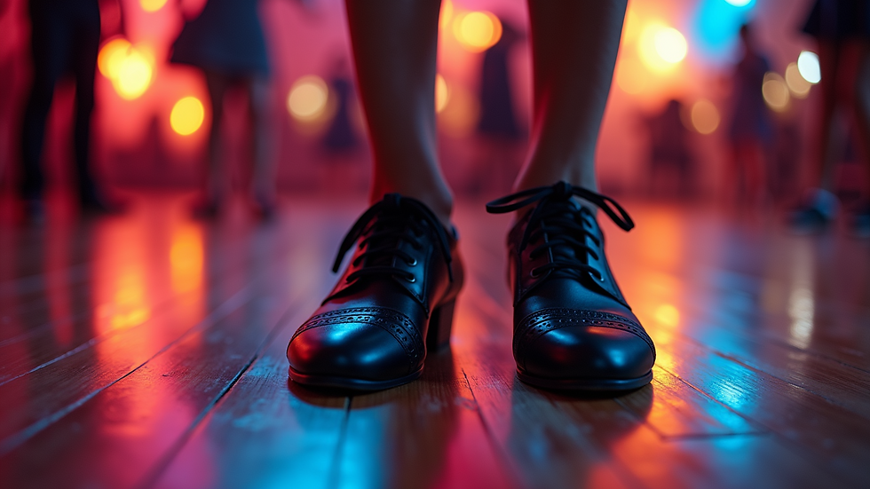 Close-up view of a pair of dance shoes on a wooden floor