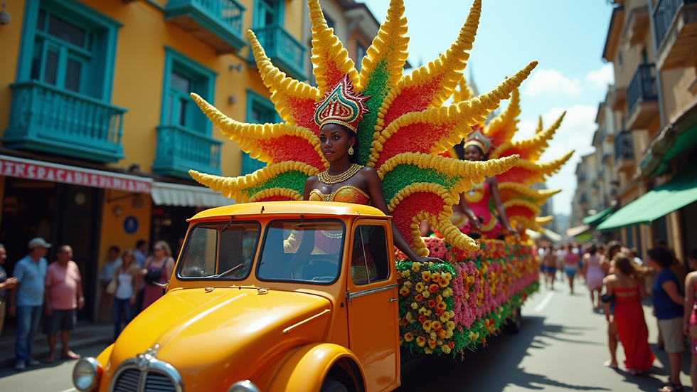 High angle view of a colorful Brazilian Carnival float decorated with dancers