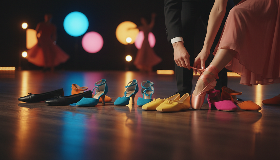 Eye-level view of a dance studio floor with colorful dance shoes neatly arranged