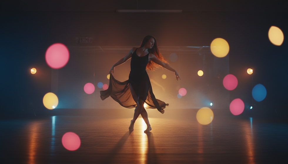 Eye-level view of a dance studio with a single dancer practicing steps