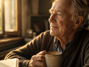 Portrait d'un homme âgé de profil, tenant une tasse, regardant par une fenêtre dans une lumière chaude du matin, atmosphère intime et paisible, carnet ouvert au premier plan.