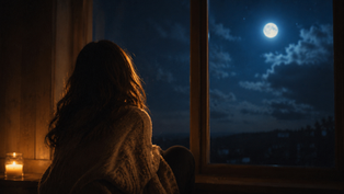 Une femme vue de dos, assise près d’une grande fenêtre la nuit, observe la lune dans une ambiance intime et mélancolique. Éclairée par la lumière chaude d’une bougie, elle porte un pull oversize douillet tandis que des tons bleu profond et dorés créent une atmosphère apaisante et cinématographique. Image inspirée de la réflexion intérieure, de la mémoire affective, de l’intuition et des émotions humaines.