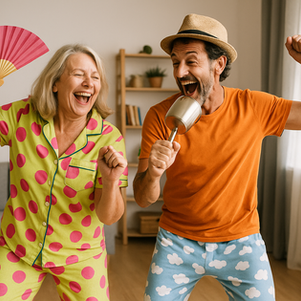 Un couple d’âge mûr (50-60 ans) s’amuse dans son salon, vêtu de pyjamas colorés. L’homme, hilare, tient une casserole en guise de micro, comme s’il chantait. La femme, complice, agite un éventail de façon théâtrale. Ils rient aux éclats en dansant, créant une scène joyeuse, fun et pétillante. L’ambiance est lumineuse et décontractée, capturée en format horizontal panoramique, style photo réaliste de shooting lifestyle humoristique. 👉 Résultat : une image qui illustre à merveille que la ménopause n’est pas la fin du désir, mais le début d’un chapitre plein de liberté et de rires.