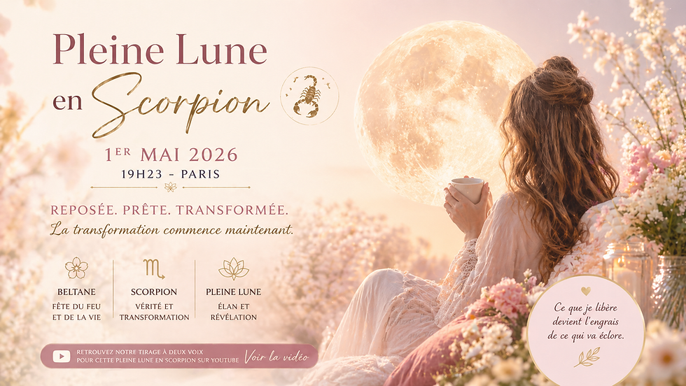 Image horizontale d’une pleine lune en Scorpion au 1er mai 2026, dans une ambiance printanière douce et lumineuse. Une femme apaisée contemple la lune entourée de fleurs pastel, symbolisant la renaissance, la transformation et la maturité intérieure. Tons rosés, lumière dorée et atmosphère féminine invitant au lâcher-prise, à l’introspection et au renouveau émotionnel. Illustration idéale pour un horoscope, une guidance lunaire ou un contenu bien-être destiné aux femmes.