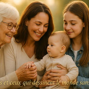 Style : familial & humain, avec plusieurs générations et des mains liées ✅ Ambiance : douce et lumineuse ✅ Texte : « À celles et ceux qui dessinent le monde sans bruit » en police élégante et discrète sur l’image