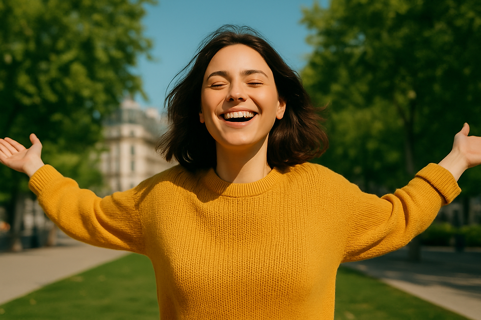 Une jeune femme, souriante, les yeux fermés, se tient paisiblement en pleine nature. Le soleil illumine son visage et ses longs cheveux blonds balayés par le vent. Elle semble écouter quelque chose d’invisible, comme si elle recevait un message intérieur. L’ambiance est lumineuse, douce, presque méditative. L’arrière-plan est flou, baigné de lumière dorée, mettant en valeur la sérénité du moment.