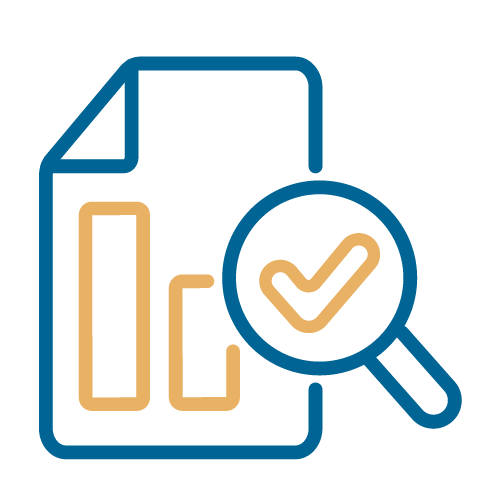 Icono de documento con gráfica de barras y lupa de verificación