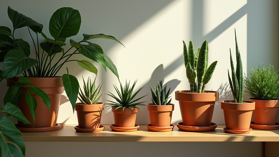 High-angle view of beautiful potted plants on a wooden shelf