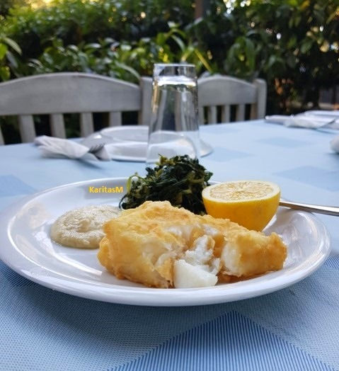 Bakalarios Skordalia with steamed greens
